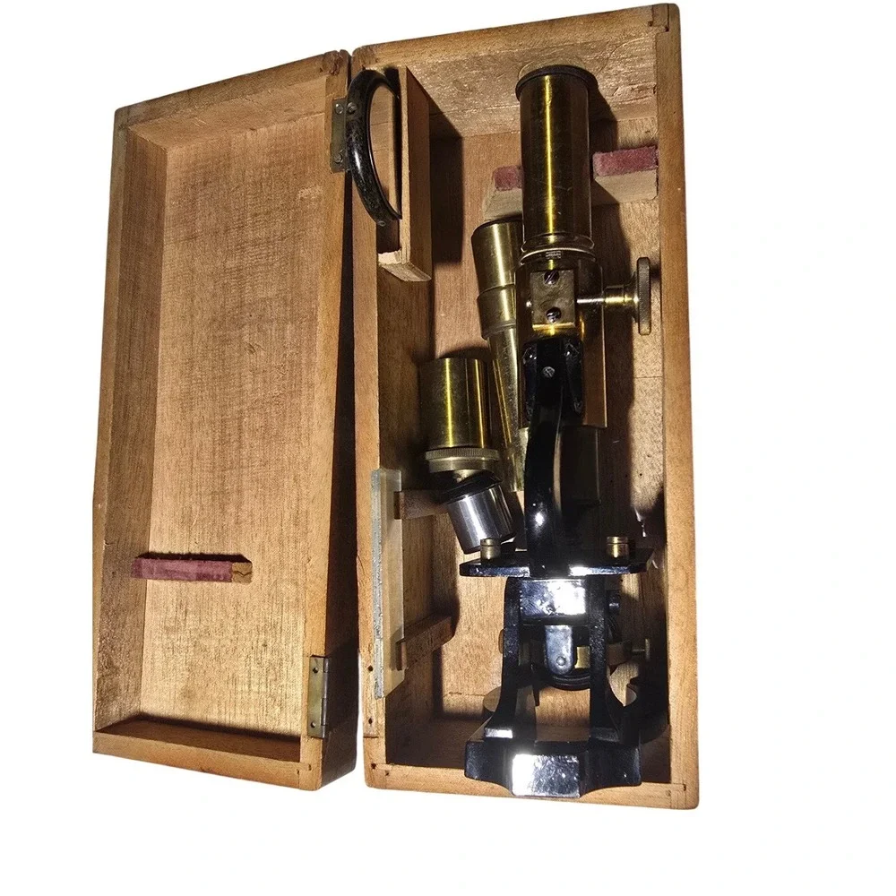 Antique Brass Monocular Microscope Vintage Scientific Instrument with Wood Case